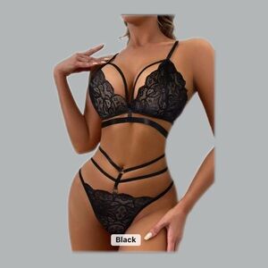 Chic Black, Grey and Red Lace Strappy Bra Set